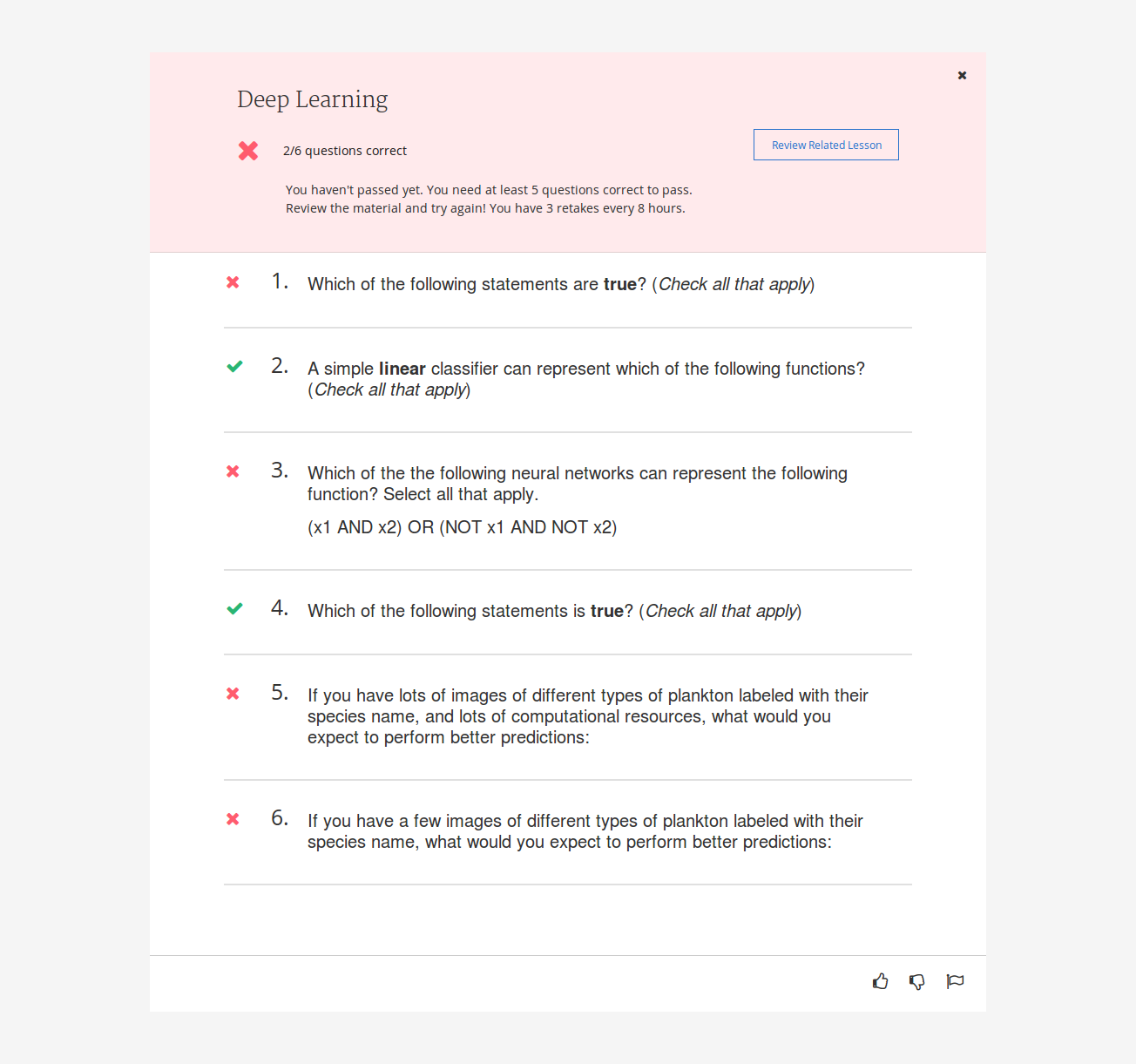 Machine Learning Specialization Course 1 - Quiz 6 Try 1 Feedback